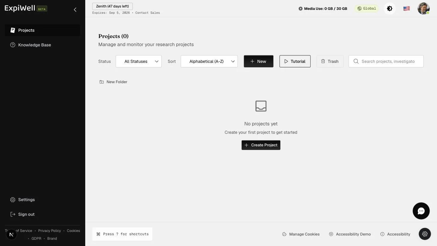 The ExpiWell projects dashboard for a new account, showing the empty state with a Create Project button, status and sort filters, and a New Folder option