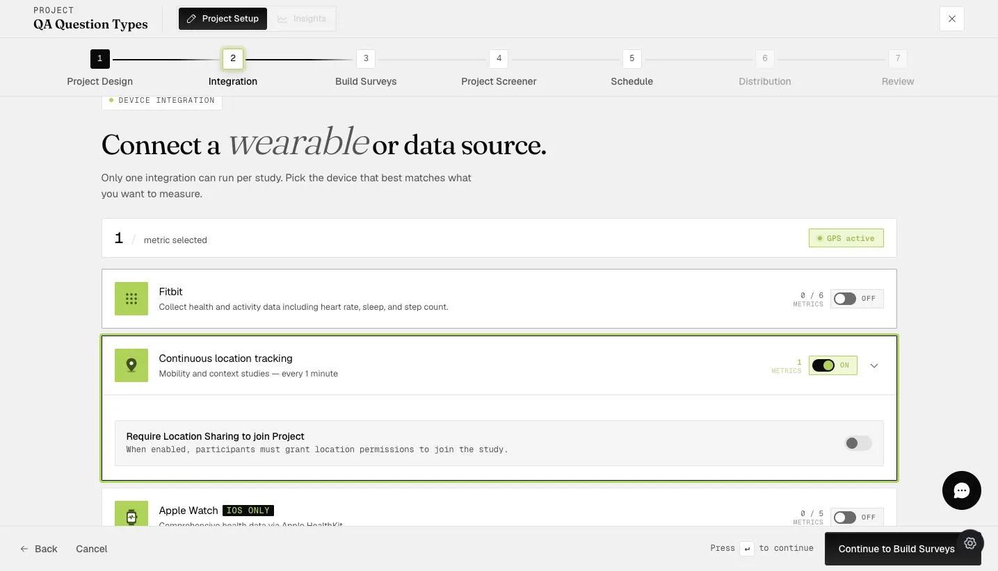 The Integration step with Continuous location tracking enabled and Require Location Sharing to join Project
