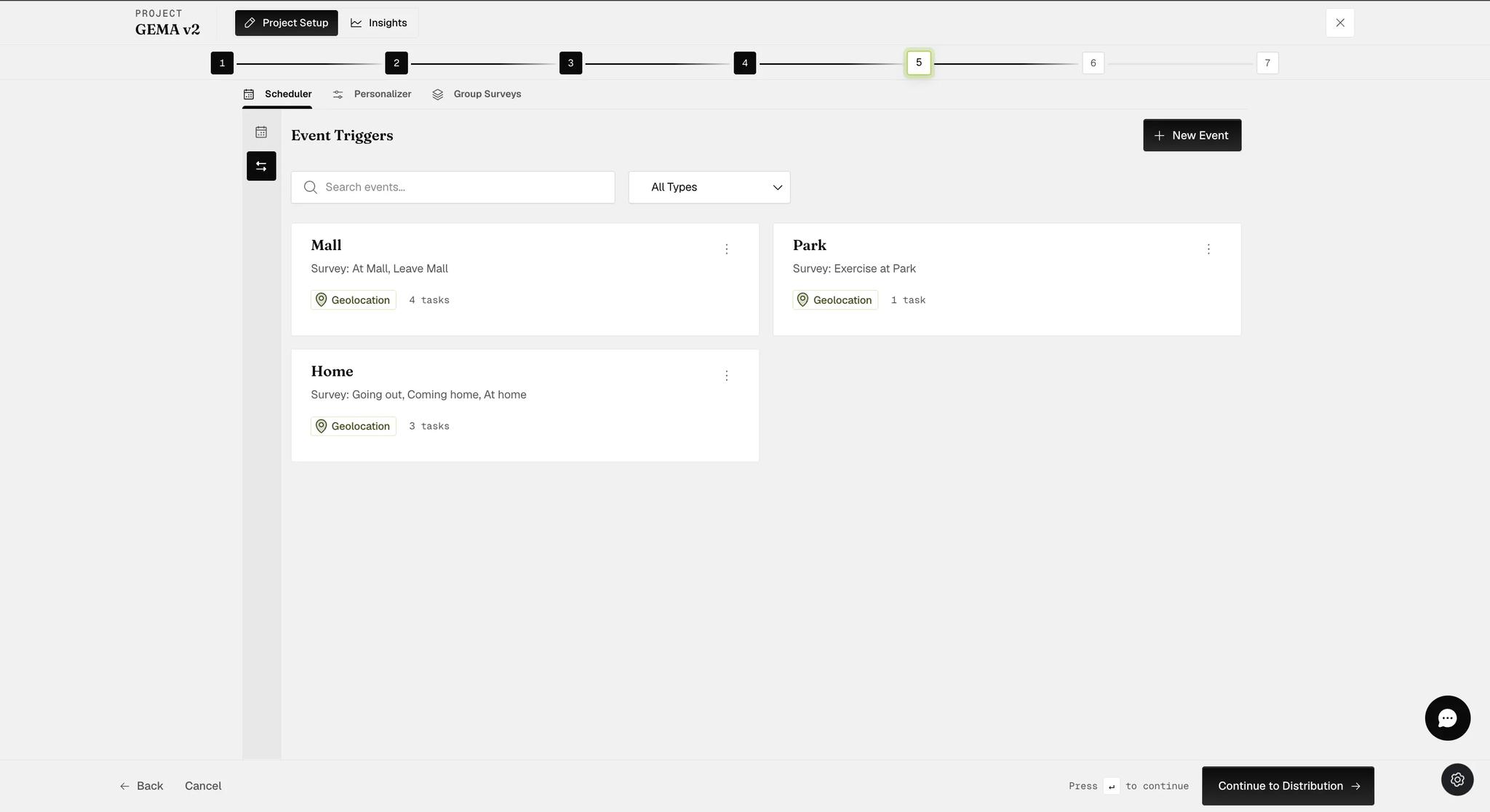 The Event Triggers tab on the Schedule step with a New Event button, a search field and a type filter, above three event cards each naming its surveys, tagged Geolocation and showing how many tasks it holds