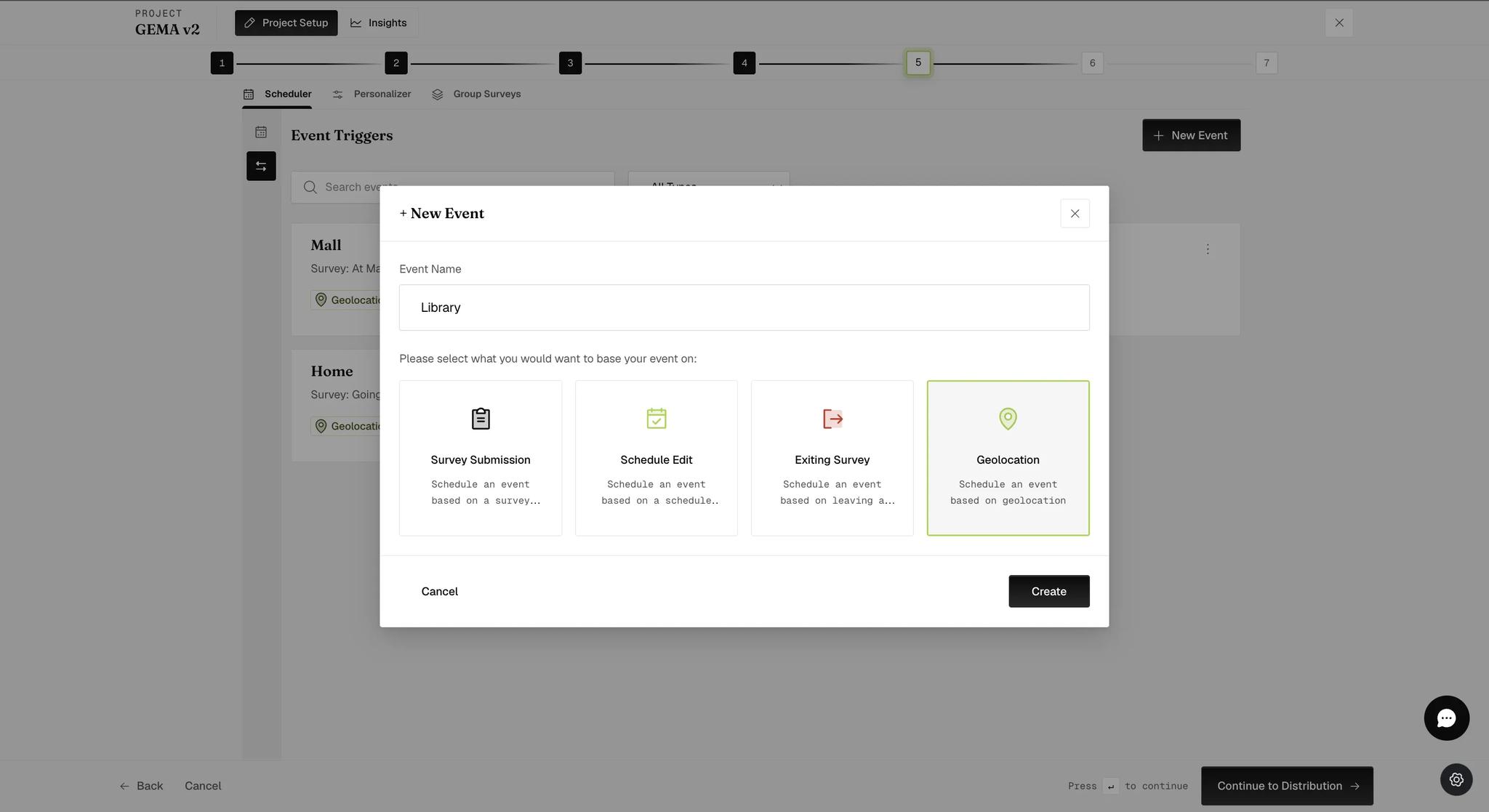 The New Event dialog with an event name entered and four type cards — Survey Submission, Schedule Edit, Exiting Survey and Geolocation — with Geolocation selected and the Create button enabled