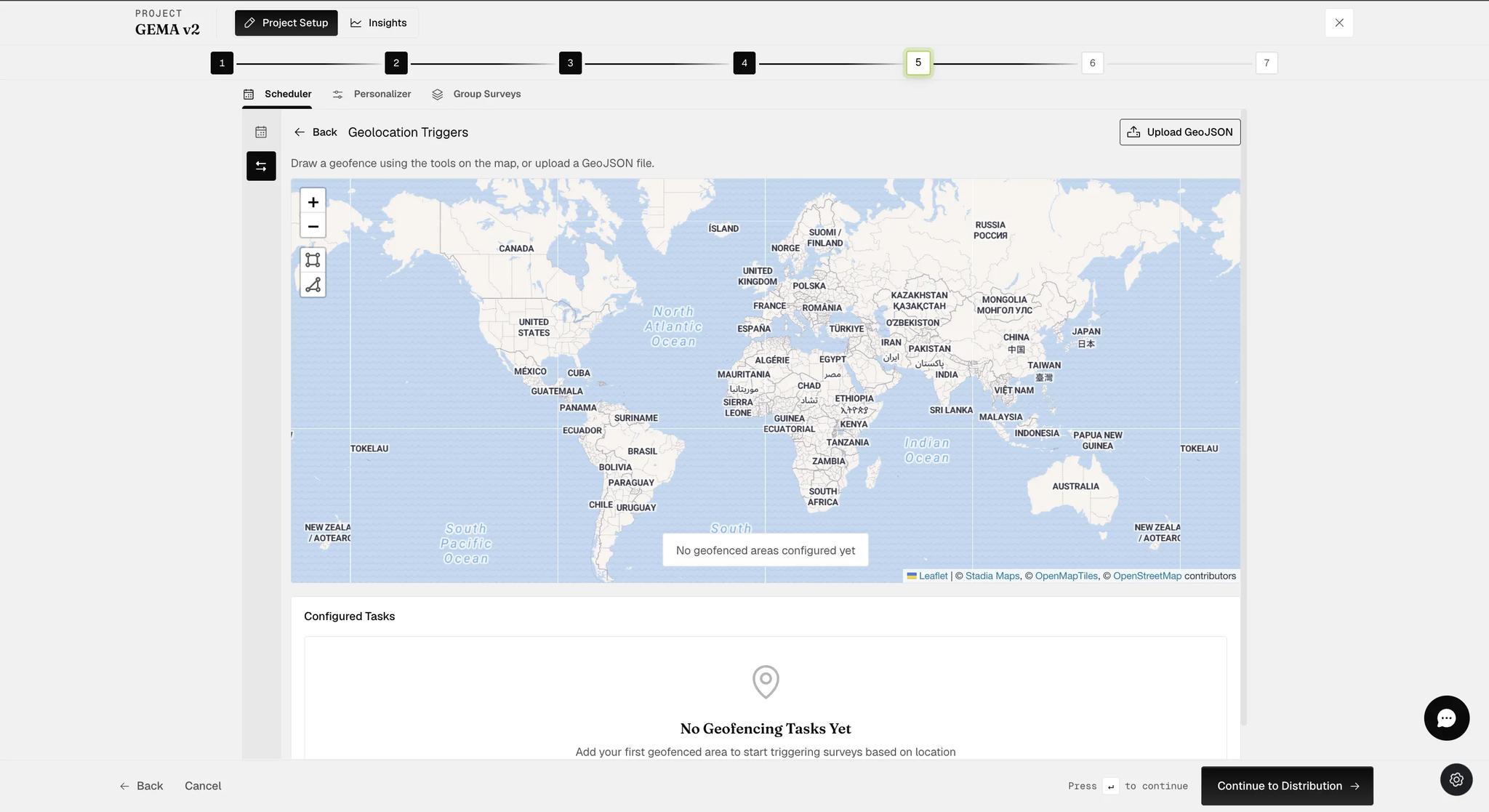 The Geolocation Triggers page showing a world map with zoom and drawing tools, an Upload GeoJSON button above it, a note that no geofenced areas are configured yet, and an empty Configured Tasks section below