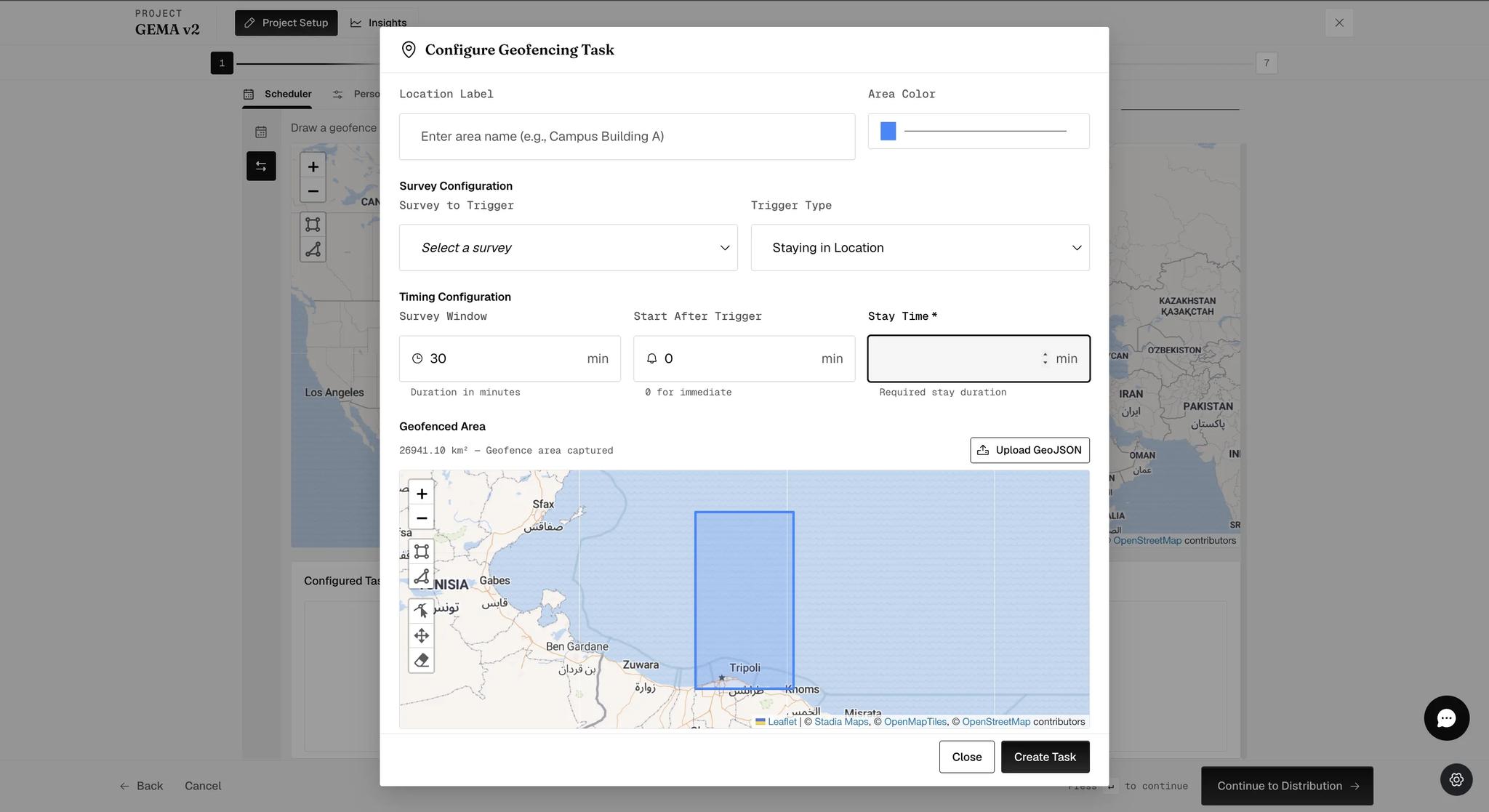 The Configure Geofencing Task dialog with Trigger Type set to Staying in Location, which adds a required Stay Time field beside Survey Window and Start After Trigger, above the Geofenced Area map showing a drawn rectangle and its captured area in square kilometres