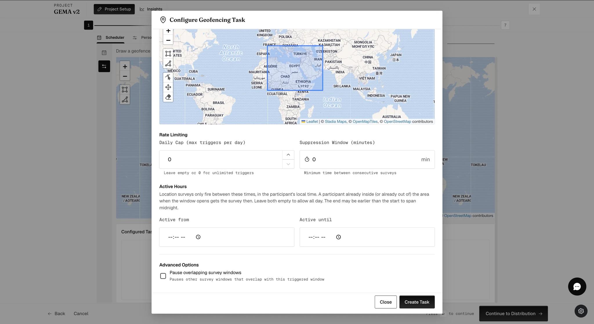 The lower half of the Configure Geofencing Task dialog with Rate Limiting fields for a daily cap and suppression window, Active Hours with from and until times, and an Advanced Options checkbox for pausing overlapping survey windows