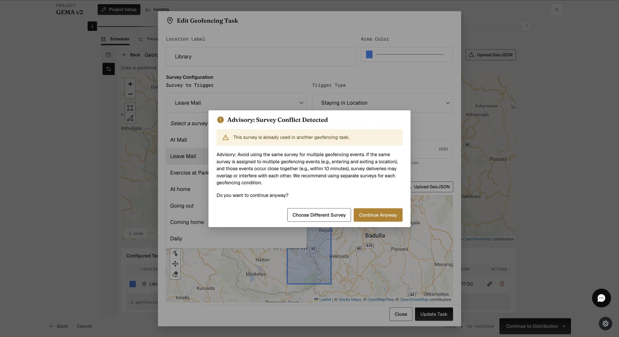 A Survey Conflict Detected advisory over the Edit Geofencing Task dialog, warning that the survey is already used in another geofencing task and that close-together events can overlap, with Choose Different Survey and Continue Anyway buttons