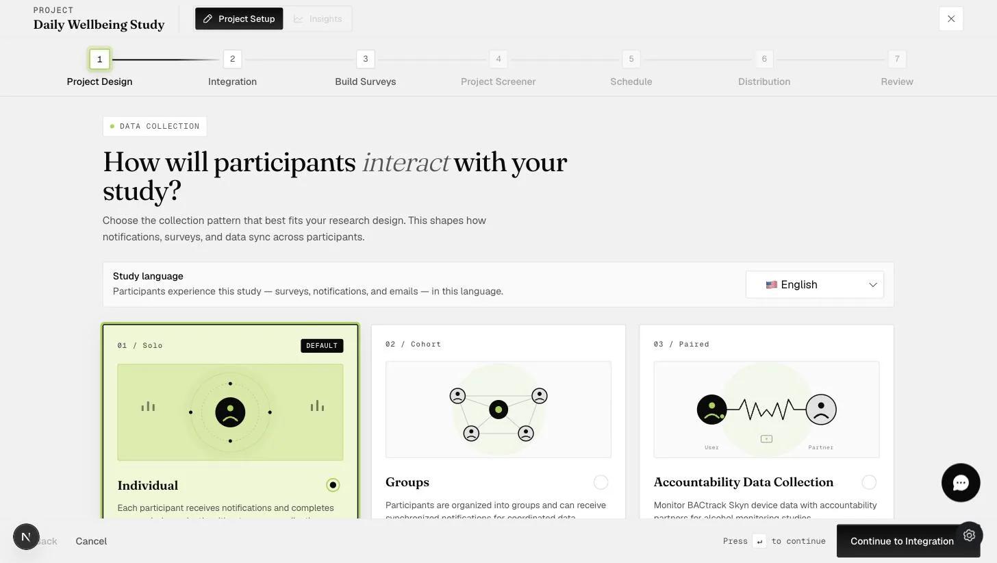 The Project Design step asking how participants will interact with the study, with Individual, Groups, and Accountability (paired) data-collection options