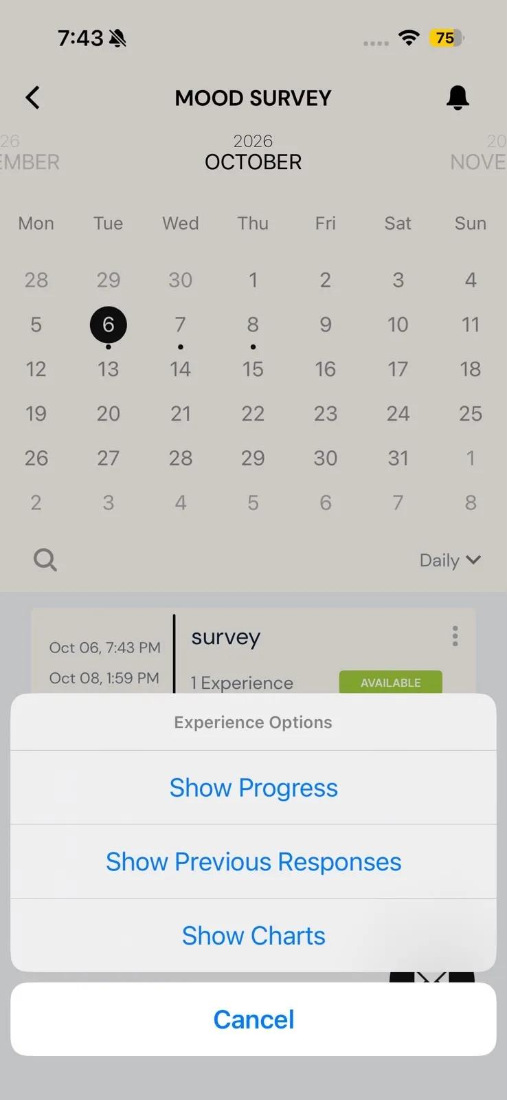 A study's survey list with the Experience Options menu open, listing Show Progress, Show Previous Responses and Show Charts