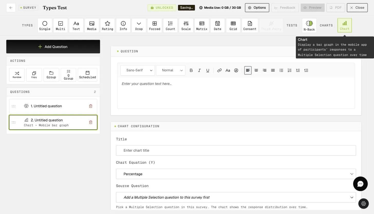 Setting up a Chart question: Title, Chart Equation (Y), and Source Question configuration