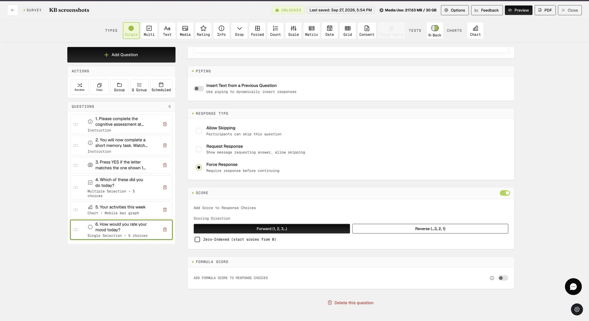The Score panel switched on, showing Scoring Direction set to Forward with a Reverse option beside it, an unticked Zero-Indexed checkbox, and a separate Formula Score section below
