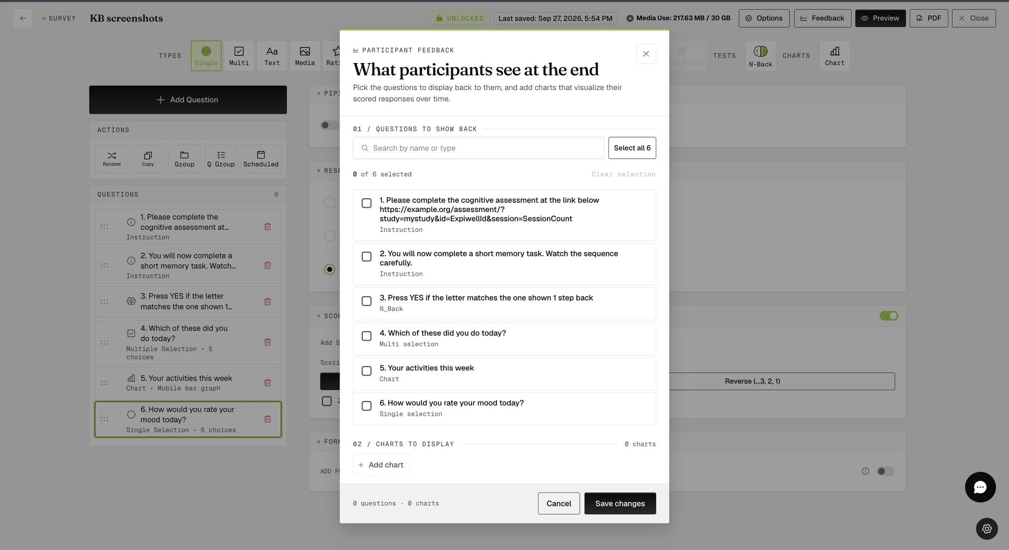 The Participant Feedback modal titled What participants see at the end, listing the survey's six questions with checkboxes under Questions to show back, and a Charts to display section below with an Add chart button