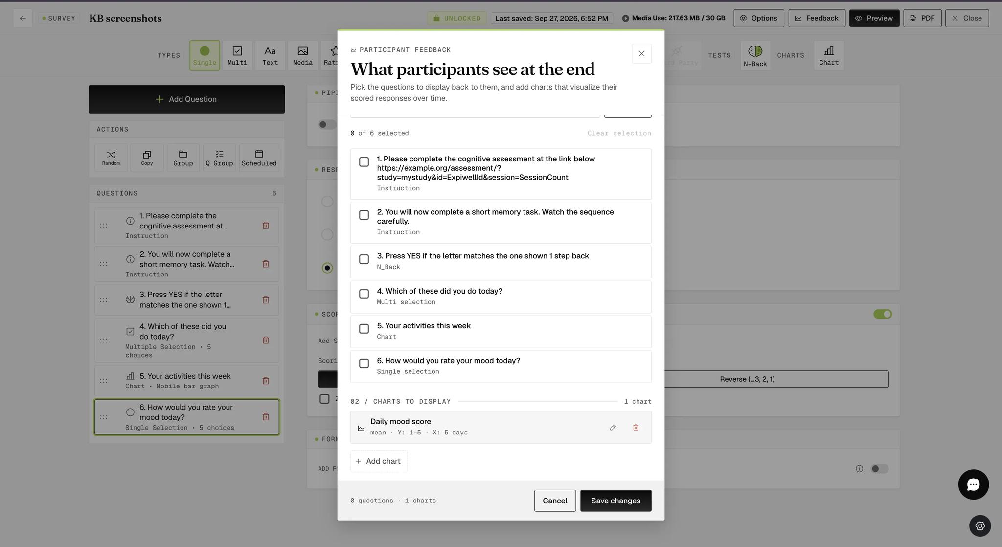 The Participant Feedback modal with one chart now listed under Charts to display, summarised as mean, Y 1 to 5, X 5 days, with edit and delete buttons beside it and a Save changes button below