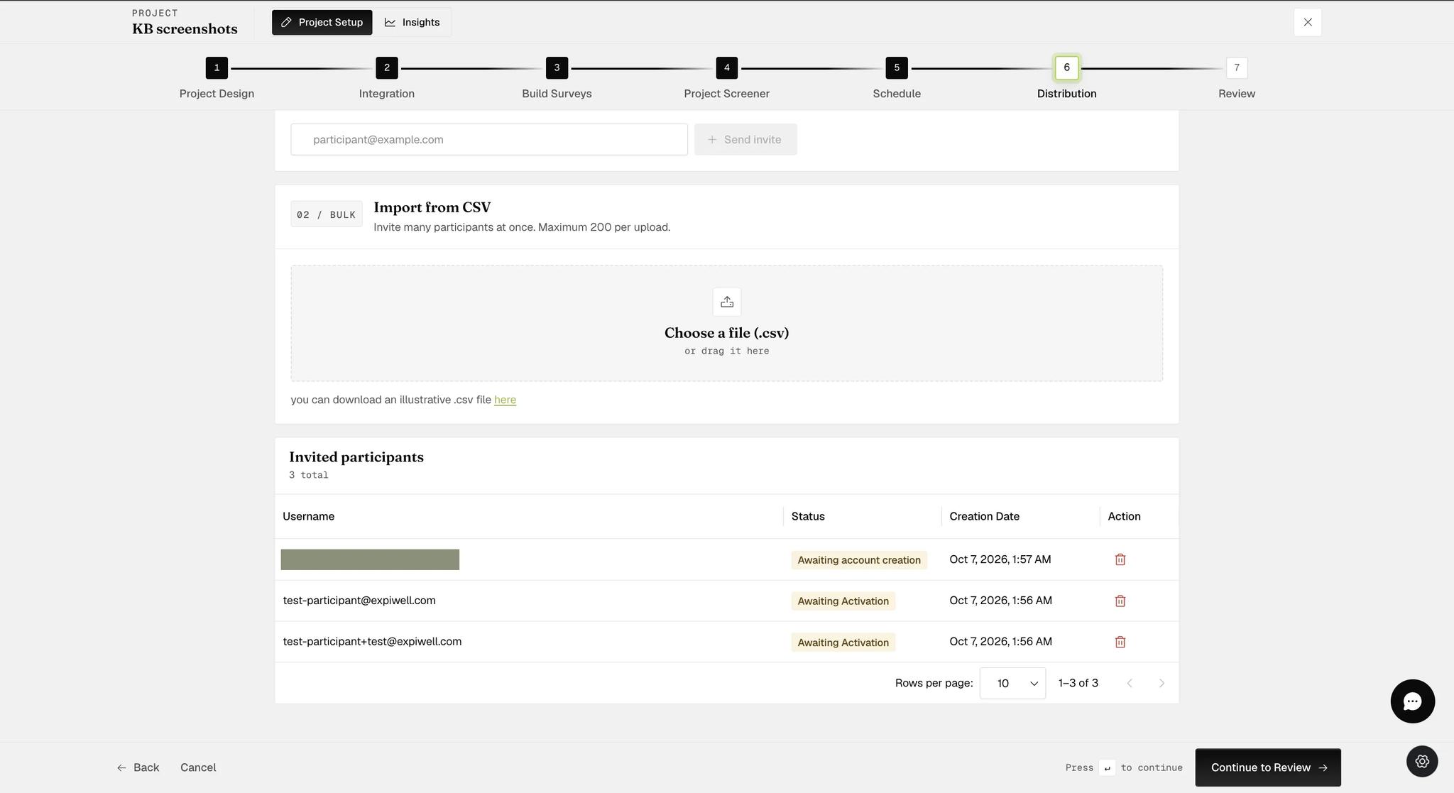The Invited participants table listing three addresses — one redacted in this screenshot reading Awaiting account creation, two company test addresses reading Awaiting Activation — each with a creation timestamp and a delete action