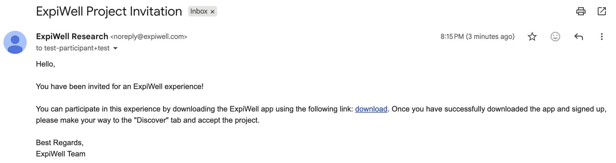 An email headed ExpiWell Project Invitation from ExpiWell Research at noreply@expiwell.com, saying the reader has been invited for an ExpiWell experience, with a download link for the app and instructions to accept the project in the Discover tab after signing up