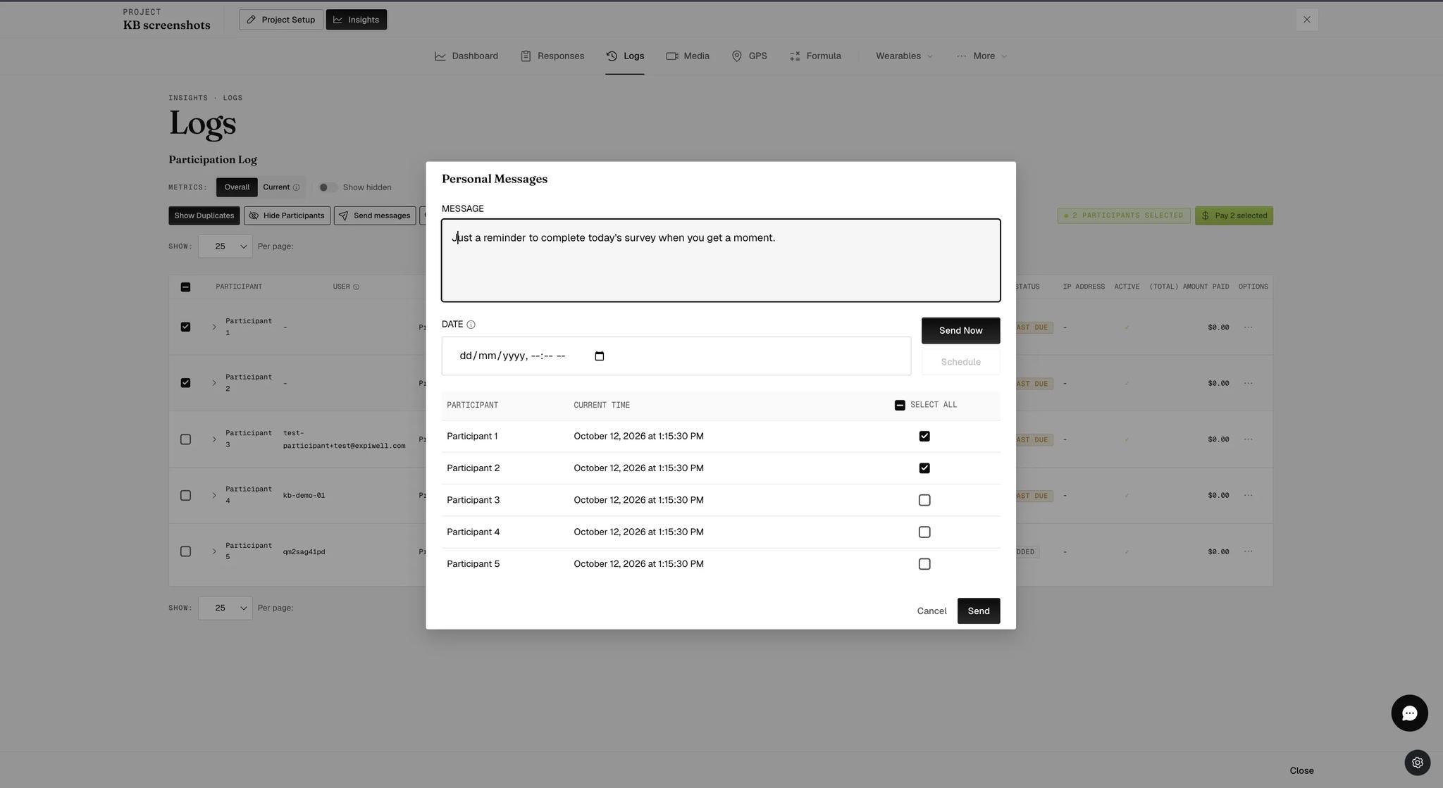 The Personal Messages dialog with a reminder typed into the message box, a date field beside Send Now and Schedule buttons, and a participant list giving each person's current local time with a checkbox, two of five ticked