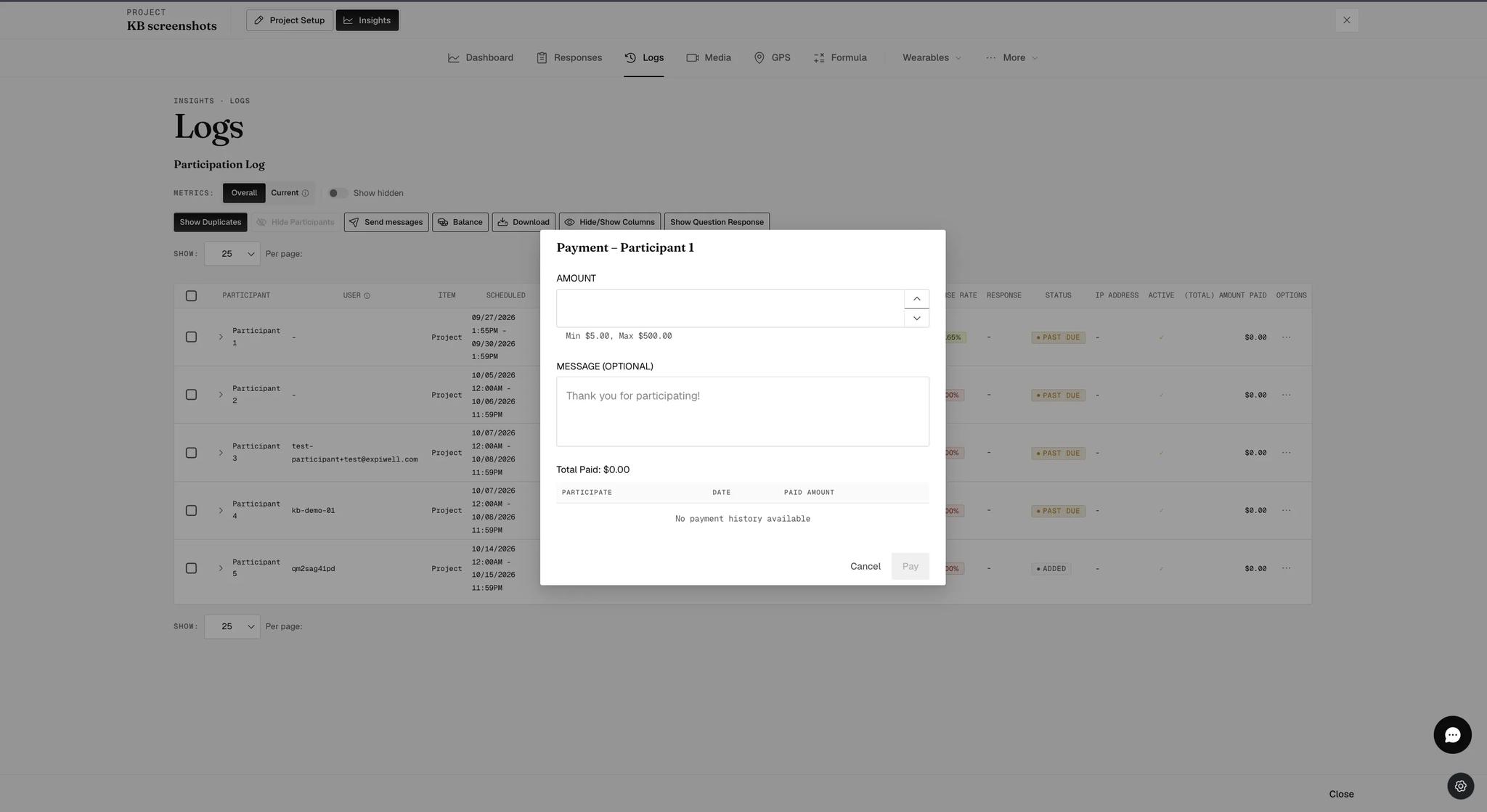A Payment window for Participant 1 with an empty amount field noting a minimum of five dollars and a maximum of five hundred, an optional message box, Total Paid of zero, and a payment history reading no payment history available