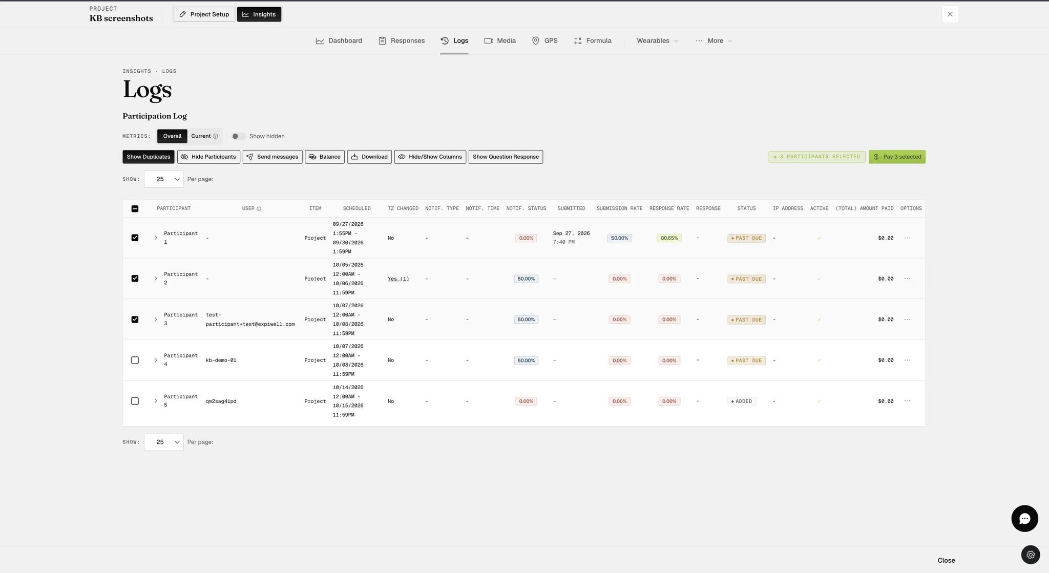 The Logs table with three of five rows ticked, a 3 Participants Selected chip and a green Pay 3 selected button above it, and Hide Participants no longer grayed out