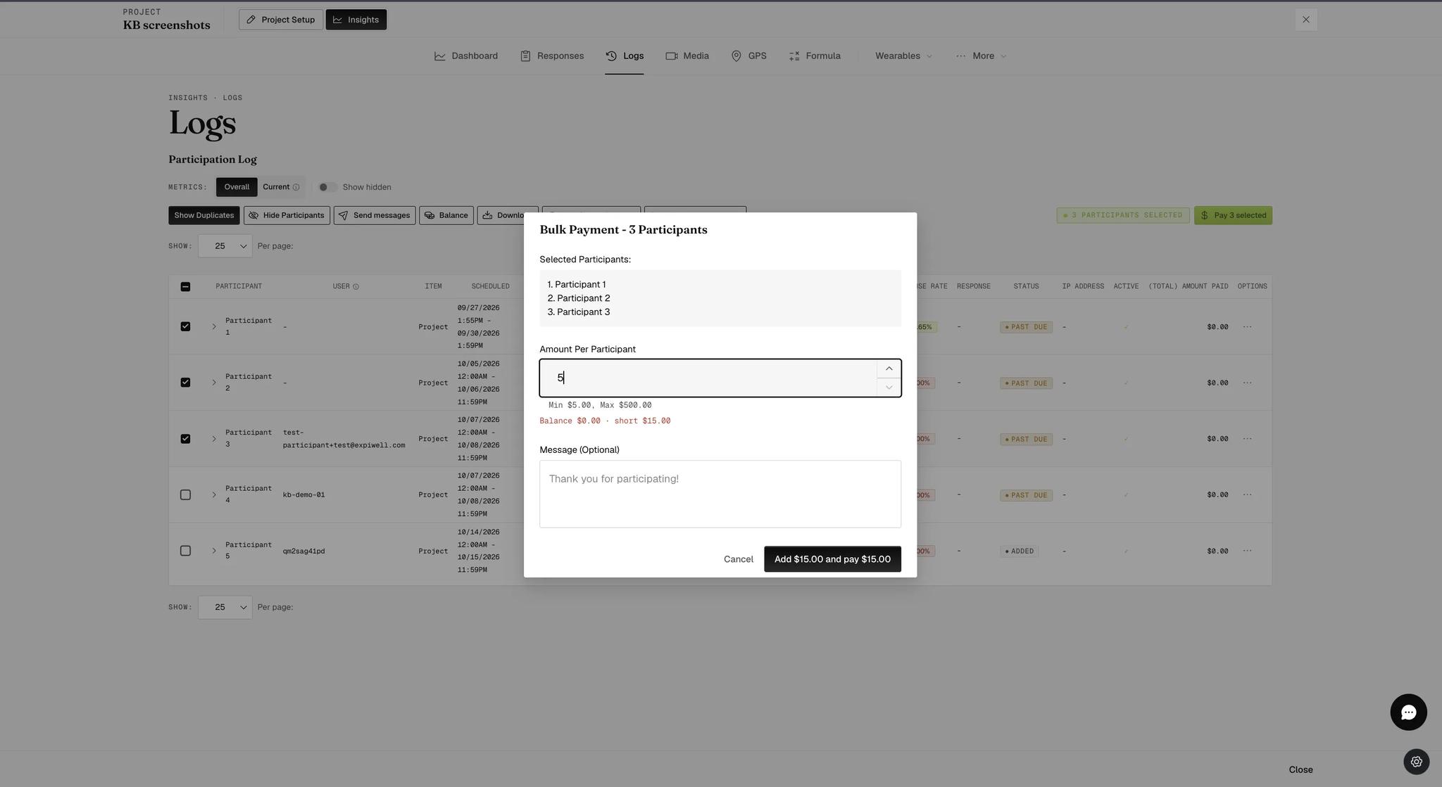 A Bulk Payment window for three named participants with five dollars entered per participant, a red line reading Balance $0.00 short $15.00, and a primary button offering to add fifteen dollars and pay fifteen dollars