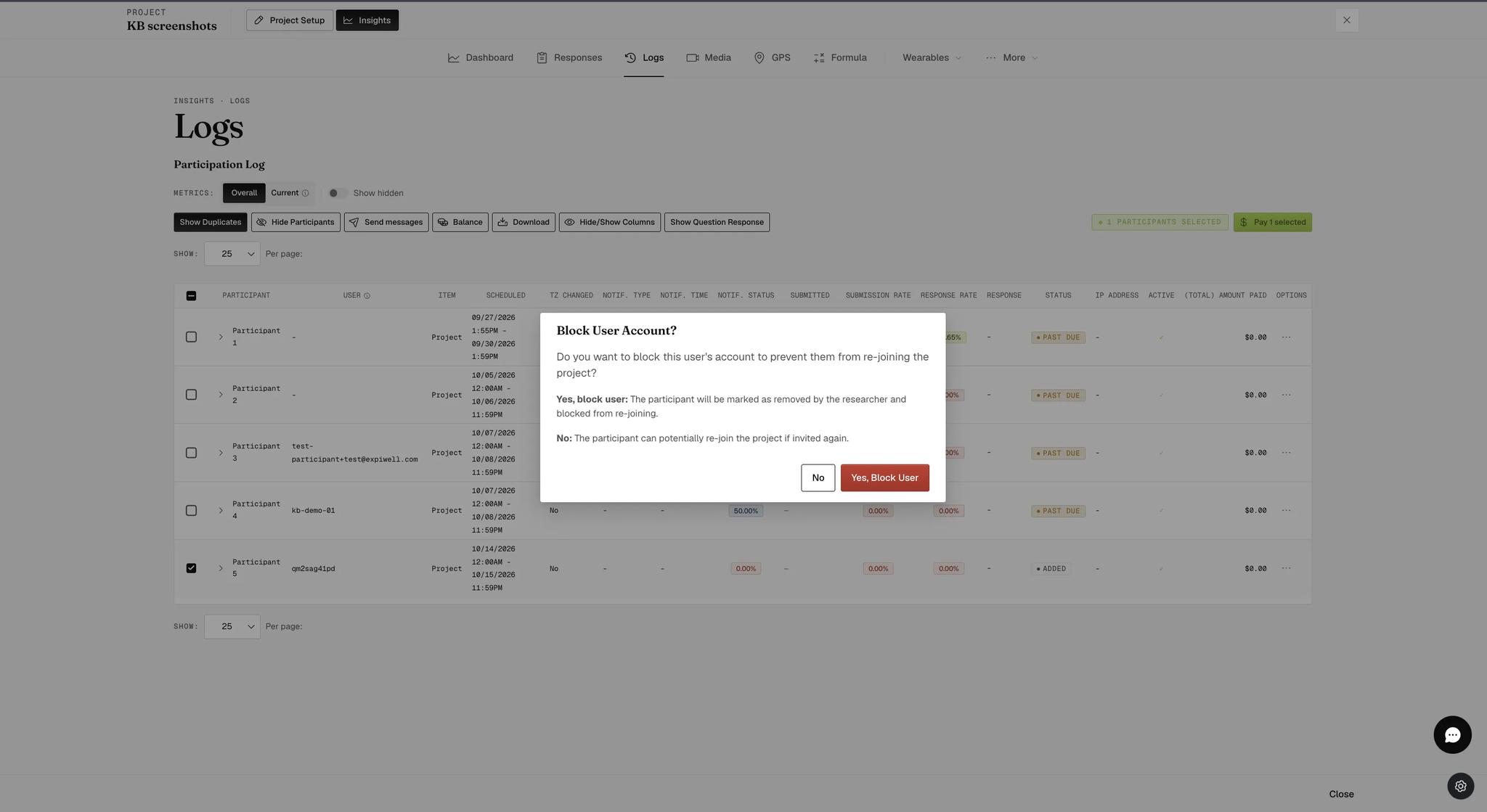 A Block User Account dialog asking whether to stop the participant re-joining, explaining that Yes marks them removed by the researcher and blocked, while No leaves them able to re-join if invited again, with No and Yes Block User buttons