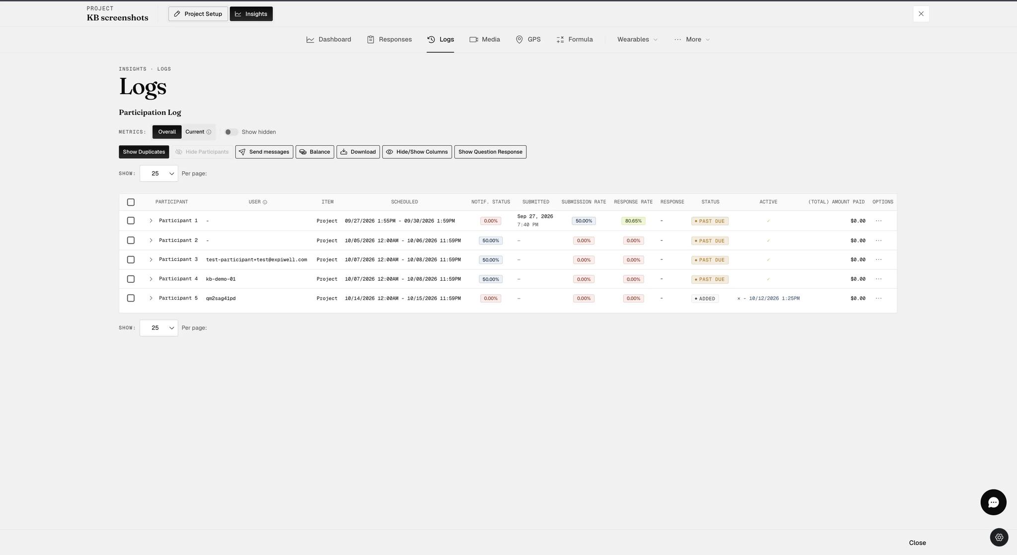 The Logs table after hiding TZ Changed, Notif. Type, Notif. Time and IP Address, each participant now fitting on a single line instead of wrapping over three