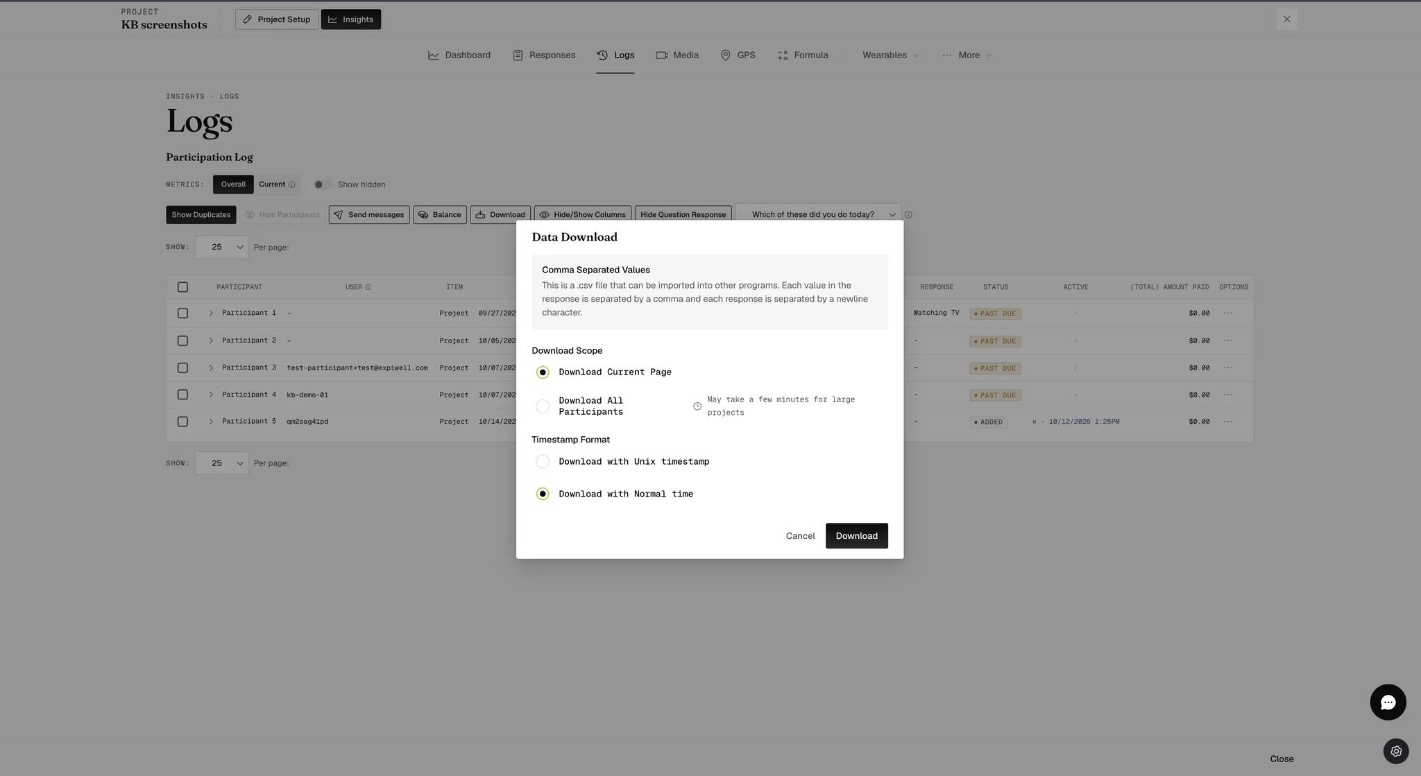 A Data Download dialog explaining the CSV format, with Download Scope set to Download Current Page rather than Download All Participants, and Timestamp Format set to Download with Normal time rather than Unix timestamp