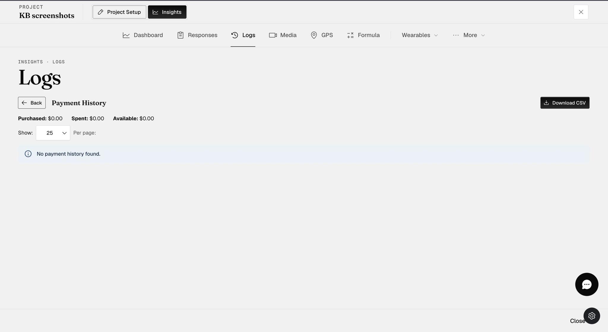 The Payment History view reached from Balance, reading Purchased zero, Spent zero and Available zero above a notice that no payment history was found, with a Download CSV button and a Back link to the log