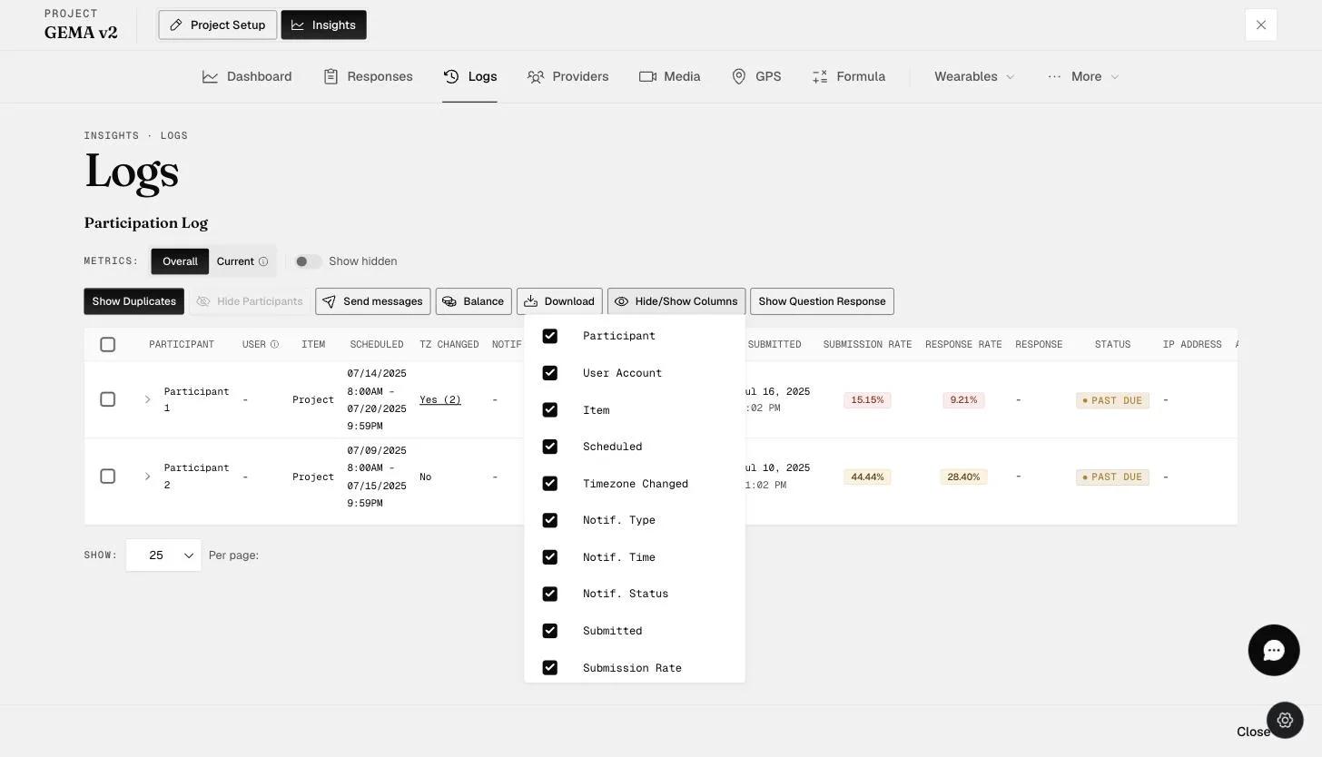 The Hide/Show Columns menu with a checkbox for each Logs column