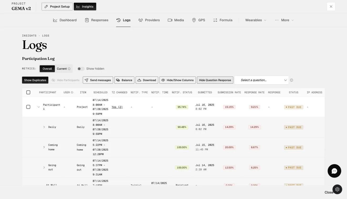Show Question Response reveals a Select a question dropdown to display individual question responses in the Logs