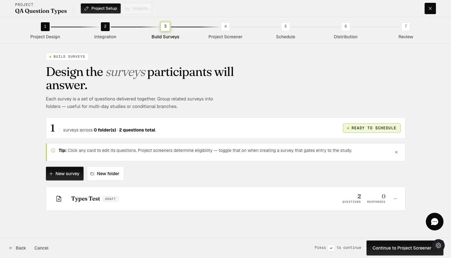 The Build Surveys step of project setup: click any survey card to edit its questions