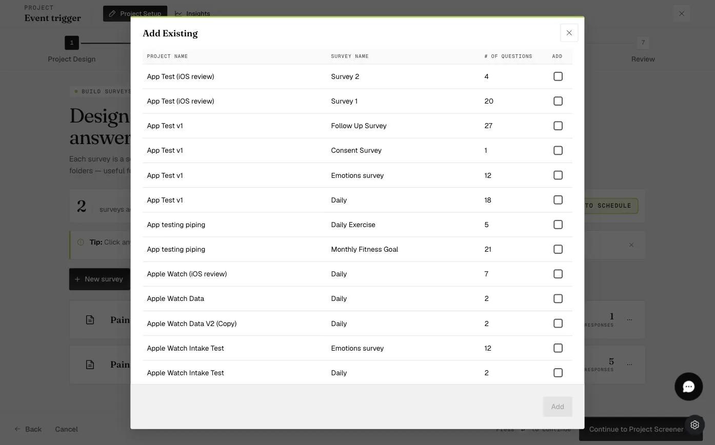 The Add Existing dialog listing surveys from every project by project name, survey name, and question count, each with an Add checkbox to duplicate it into the current project