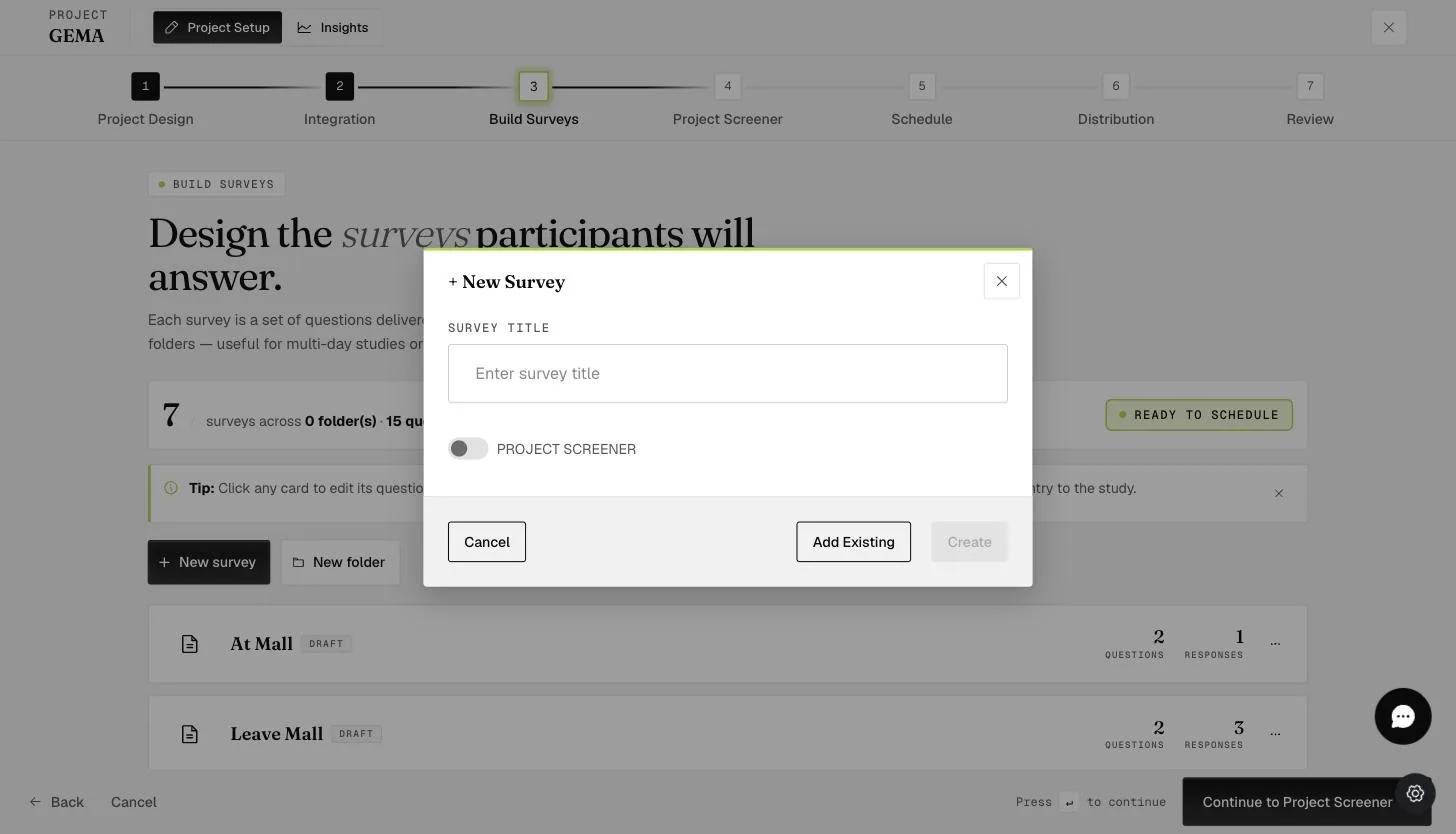The New Survey dialog with the Add Existing option to duplicate an existing survey into the project