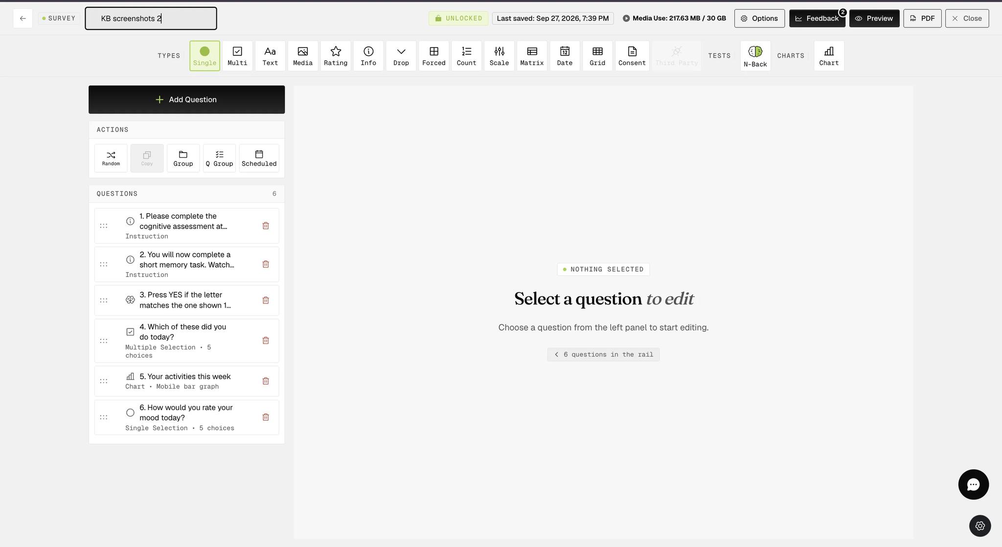 The survey builder with the survey name in the top left being edited in place, the question list visible in the left rail