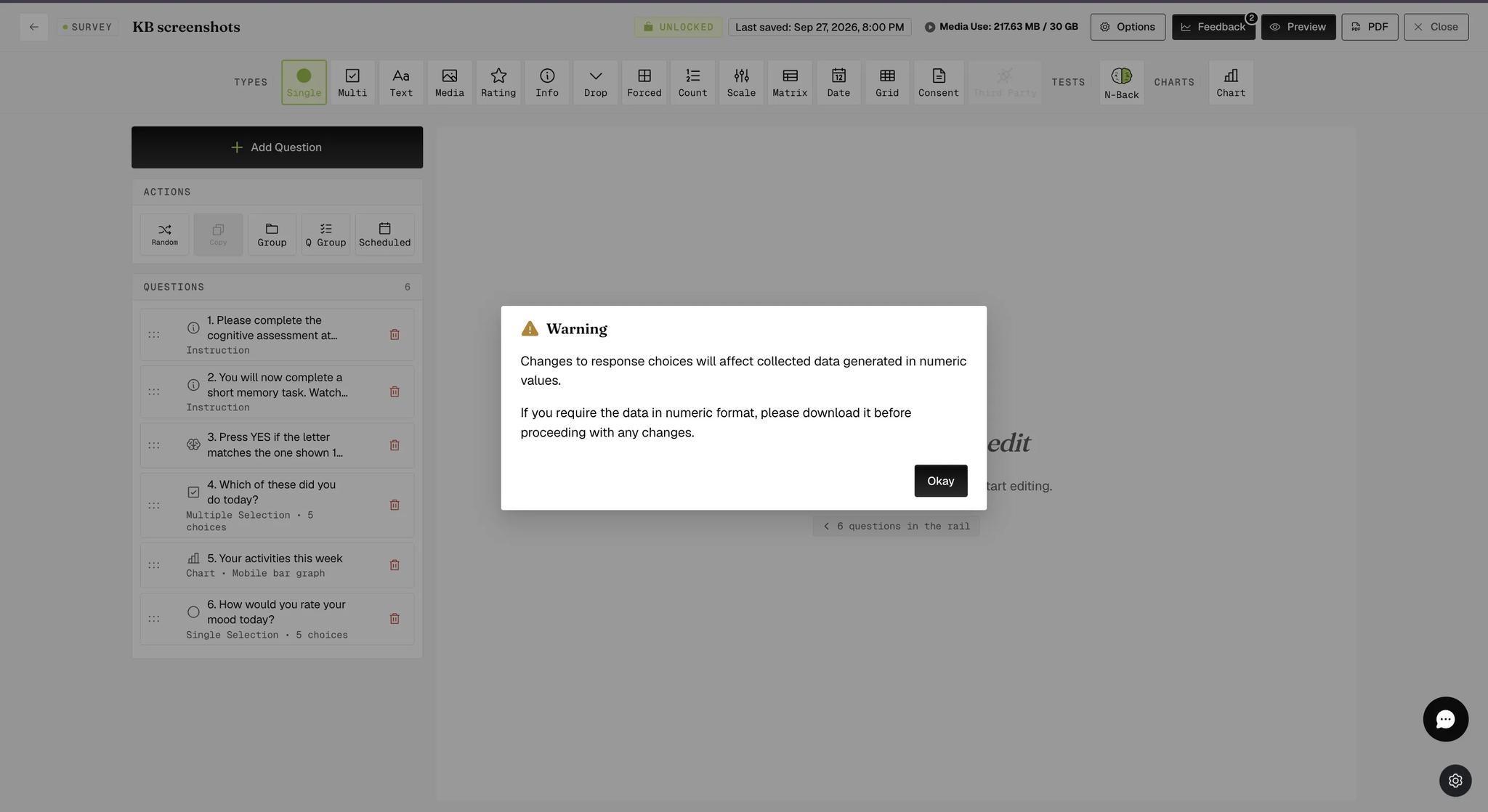 A Warning dialog explaining that changes to response choices will affect collected data generated in numeric values, advising you to download that data first, with an Okay button