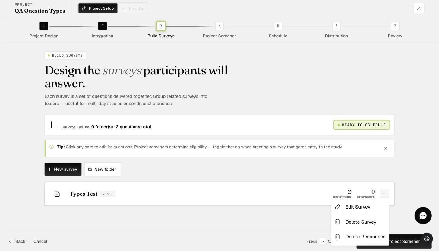 The survey card menu on the Build Surveys step with Edit Survey, Delete Survey, and Delete Responses