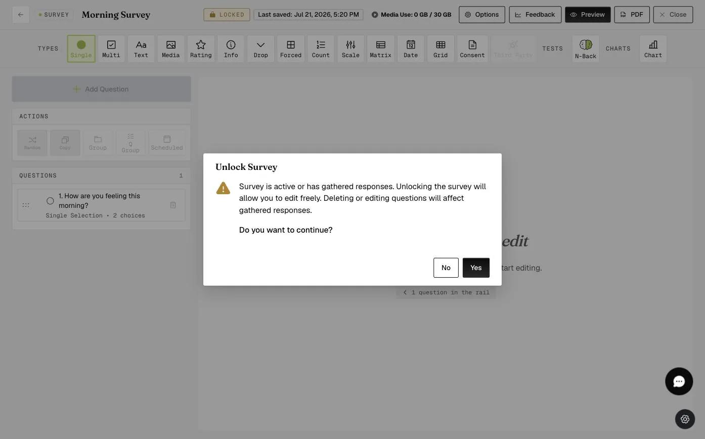 The Unlock Survey warning dialog noting the survey is active or has responses and that editing questions will affect gathered responses, with No and Yes buttons