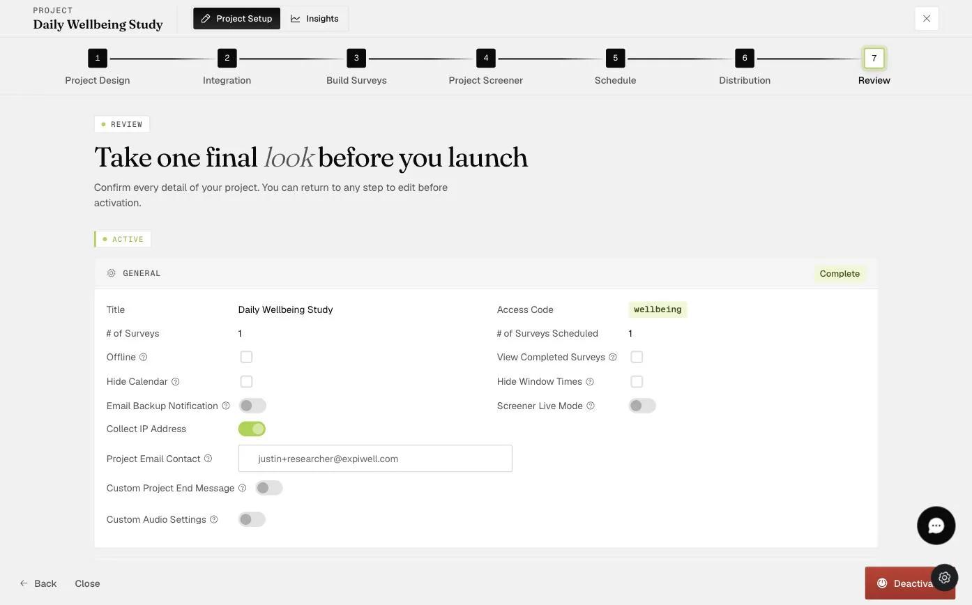 The project Review step with an ACTIVE badge and the red Deactivate button at the bottom right