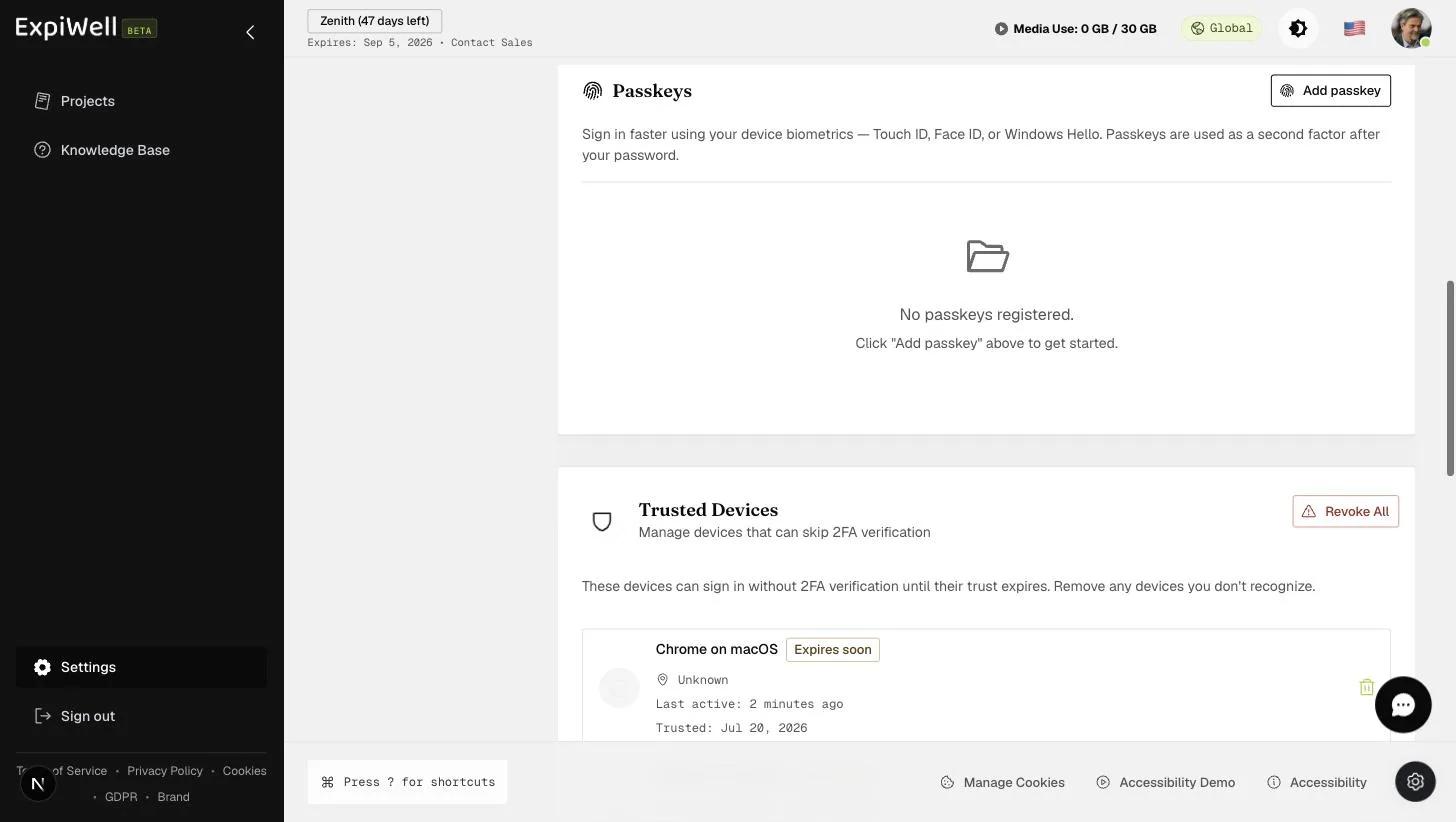 The Trusted Devices card in Security settings explaining that trusted devices sign in without 2FA until trust expires, with a Revoke All button
