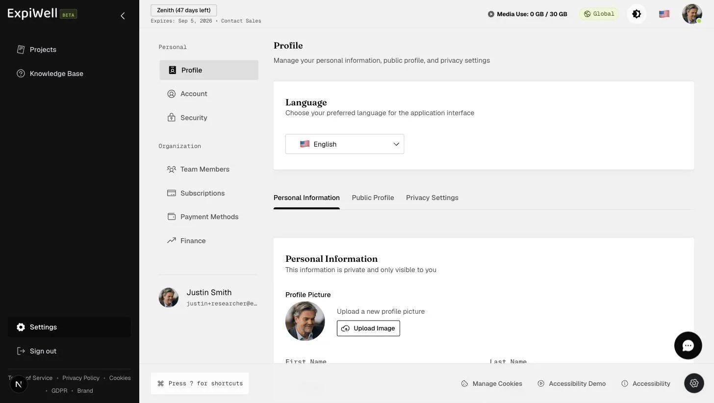 The Profile settings page with a language selector and tabs for Personal Information, Public Profile, and Privacy Settings