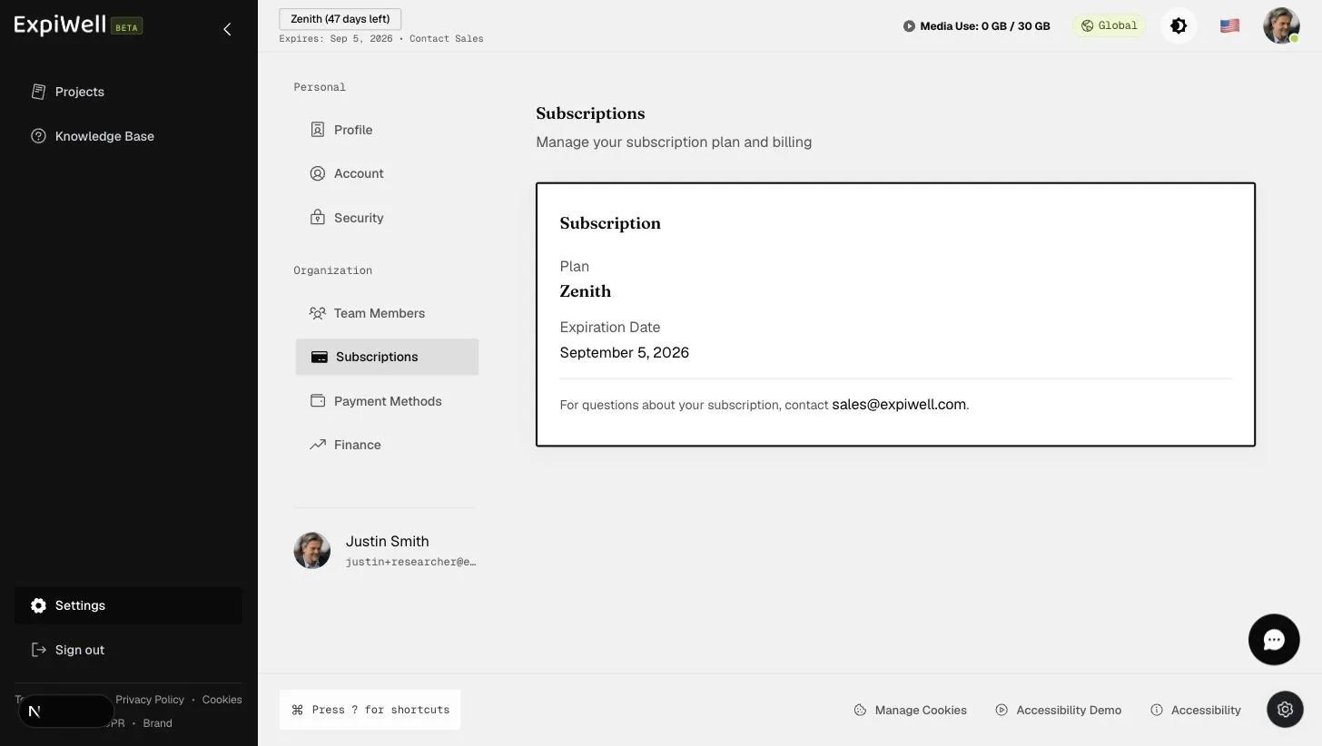 The Subscriptions settings page showing the current plan and expiration date, with the sales contact for changes