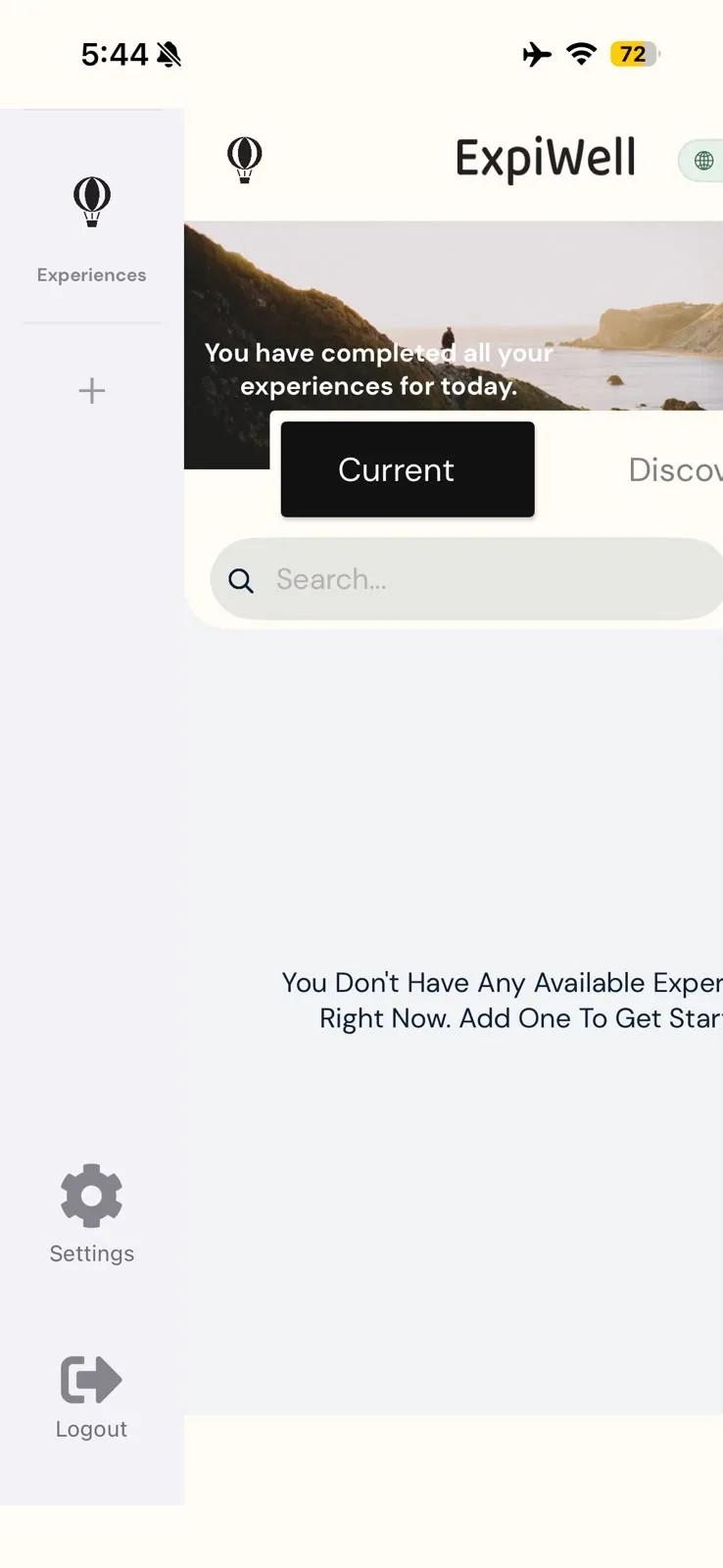 The ExpiWell menu slid open from the left on iPhone: Experiences and a + button at the top, Settings and Logout at the bottom