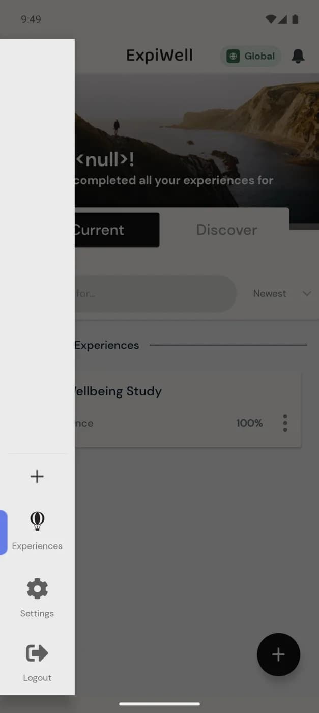 The ExpiWell app menu with Add, Experiences, Settings, and Logout options