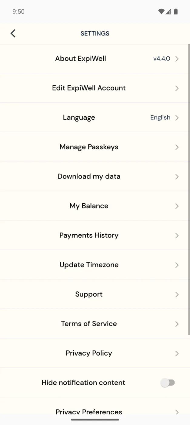 The ExpiWell Settings screen showing About, Edit Account, Language, Manage Passkeys, Download my data, My Balance, Payments History, Update Timezone, and Support