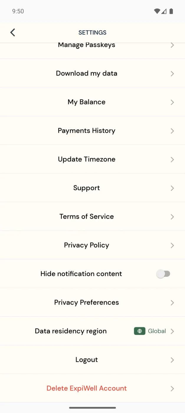 The lower part of Settings showing Hide notification content, Privacy Preferences, Data residency region, Logout, and Delete ExpiWell Account