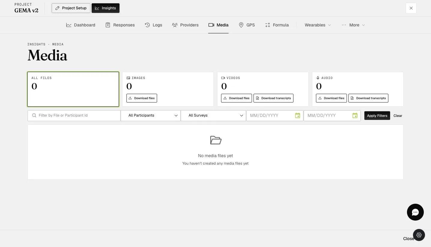 The Insights Media tab with counts for All files, Images, Videos, and Audio, plus Download files and Download transcripts buttons