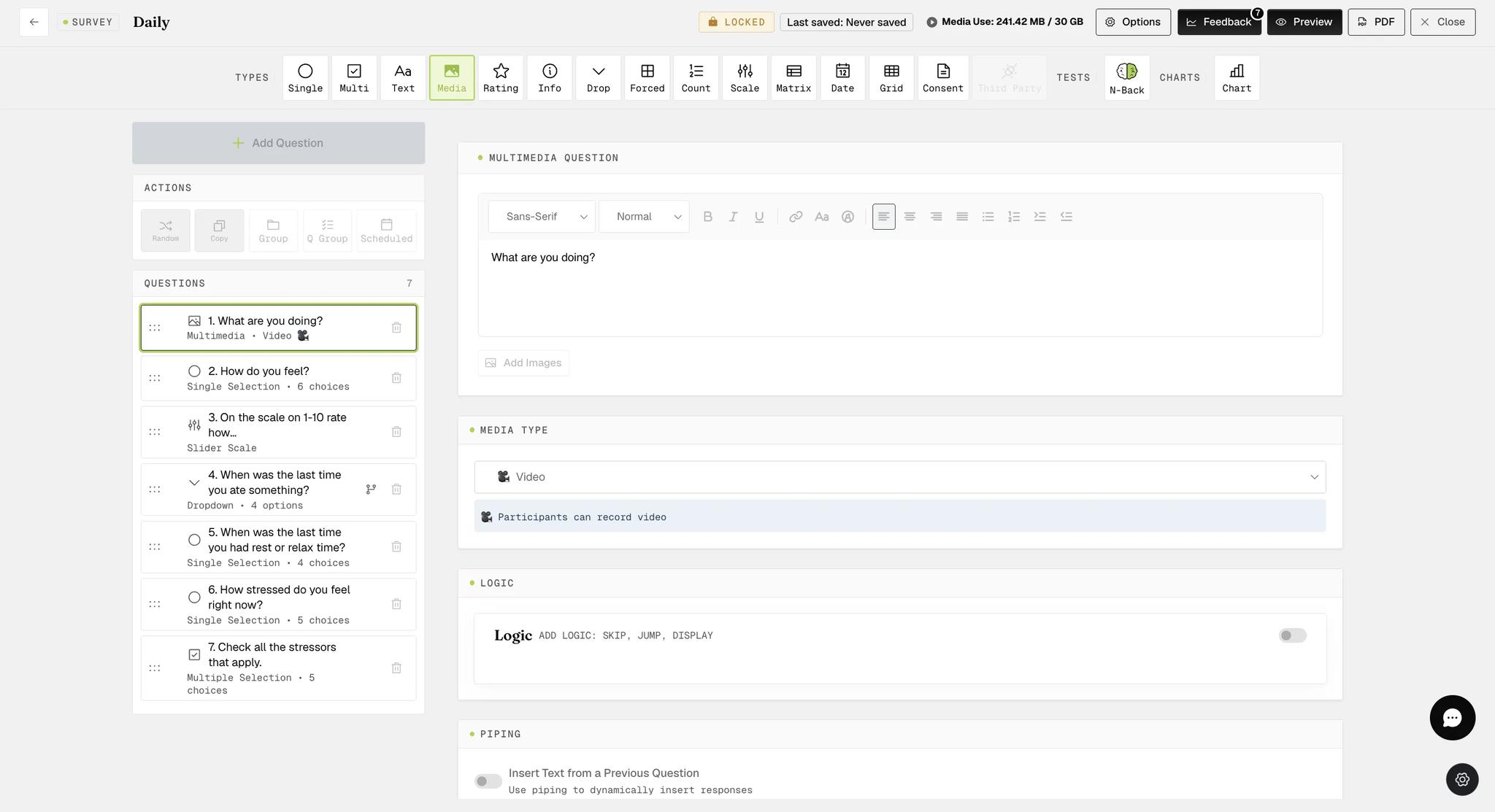 The survey builder with a Multimedia question selected, its question text entered, and a Media Type set to Video with a note that participants can record video