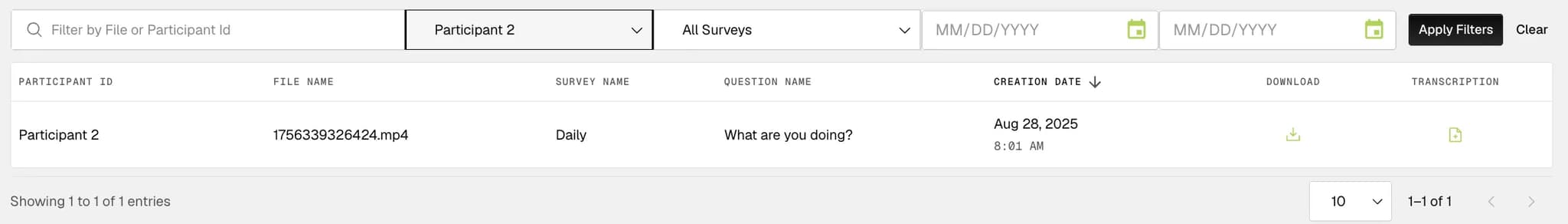 The Media tab filter row with the participants dropdown set to Participant 2 and the file list below showing only that participant's video