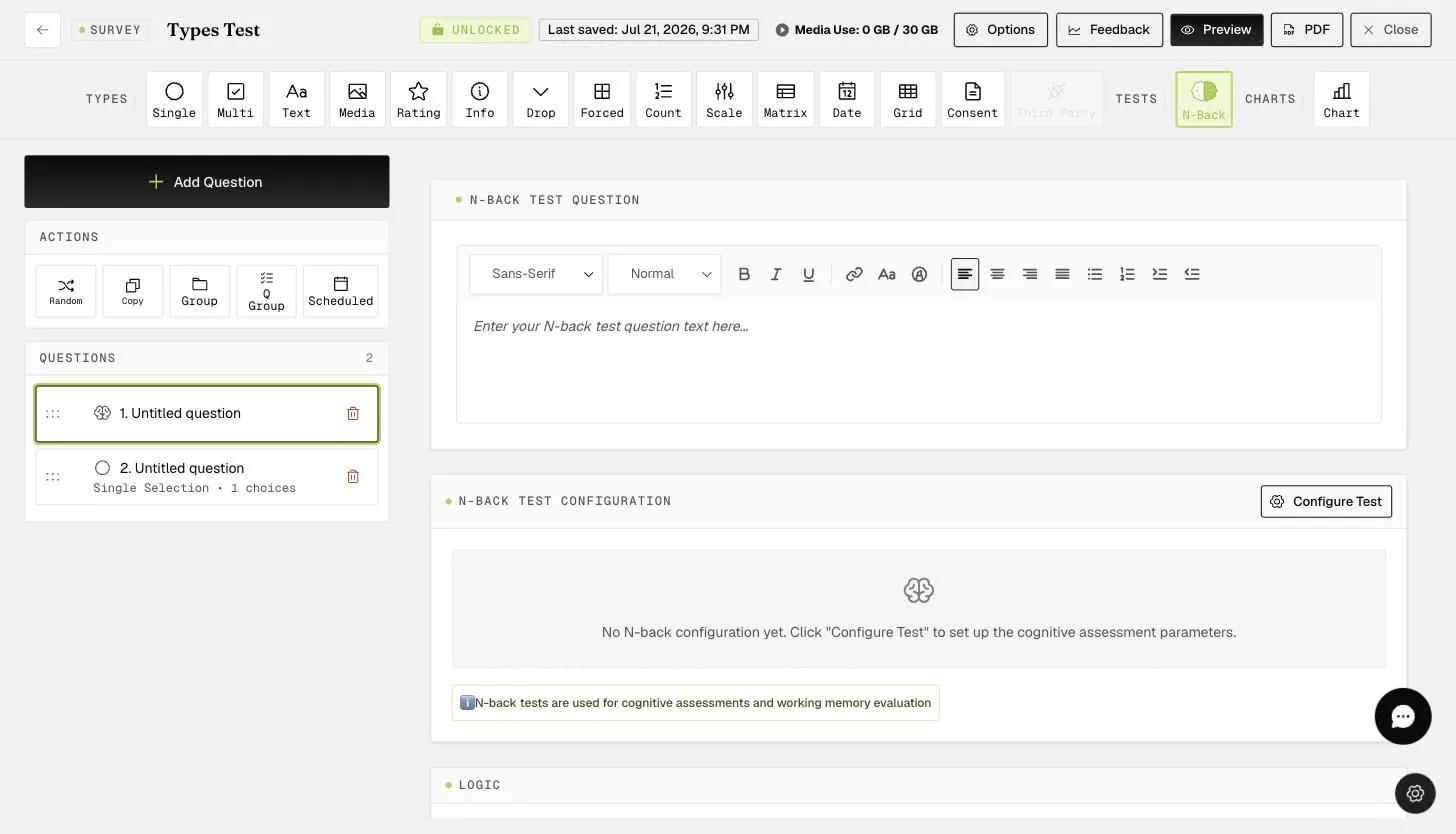 The N-Back question editor with the Configure Test button and a note that N-Back tests measure working memory