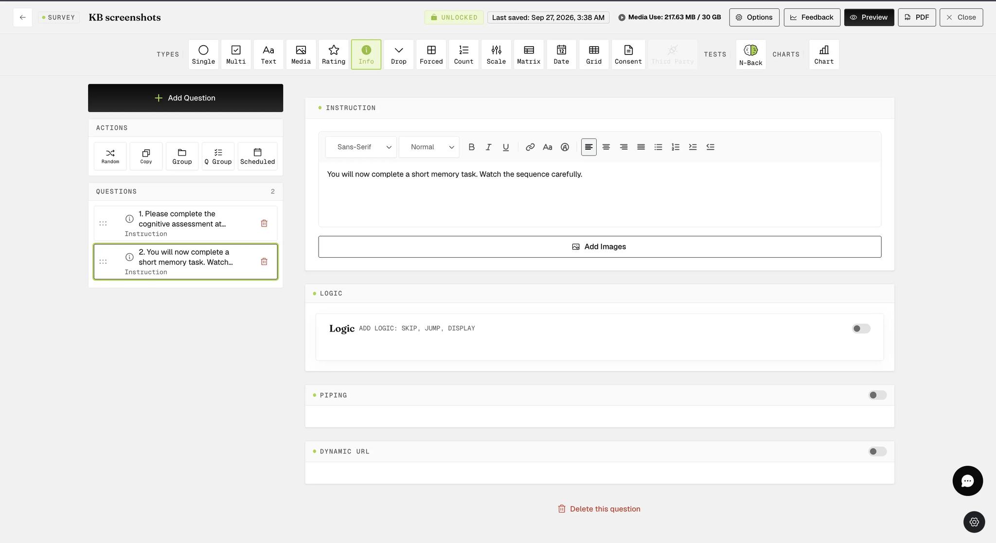 The survey builder with an Instruction question reading You will now complete a short memory task, watch the sequence carefully, shown as display-only text with no answer choices