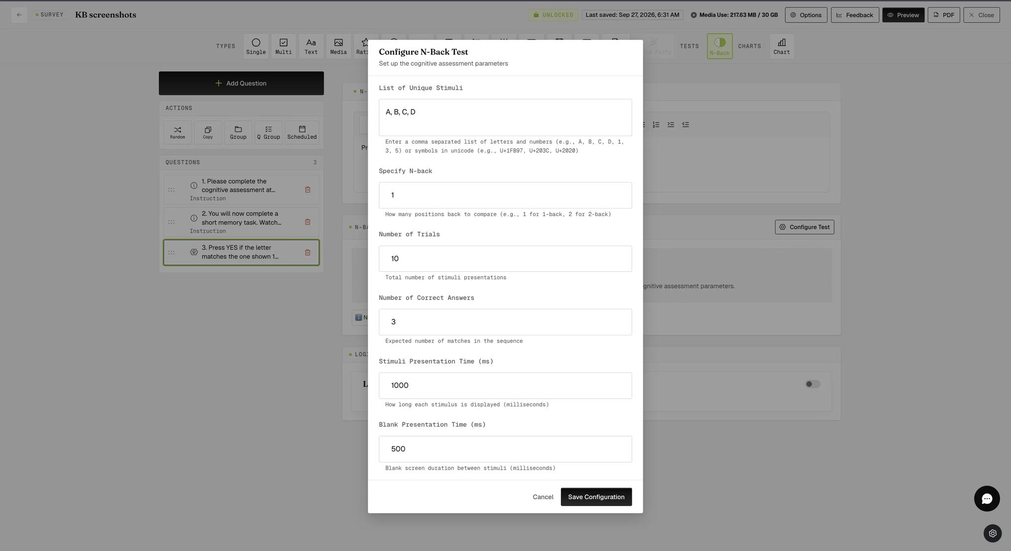 The Configure N-Back Test dialog with A, B, C, D as the unique stimuli, N-back set to 1, ten trials, three correct answers expected, a stimulus presentation time of 1000 milliseconds and a blank time of 500 milliseconds