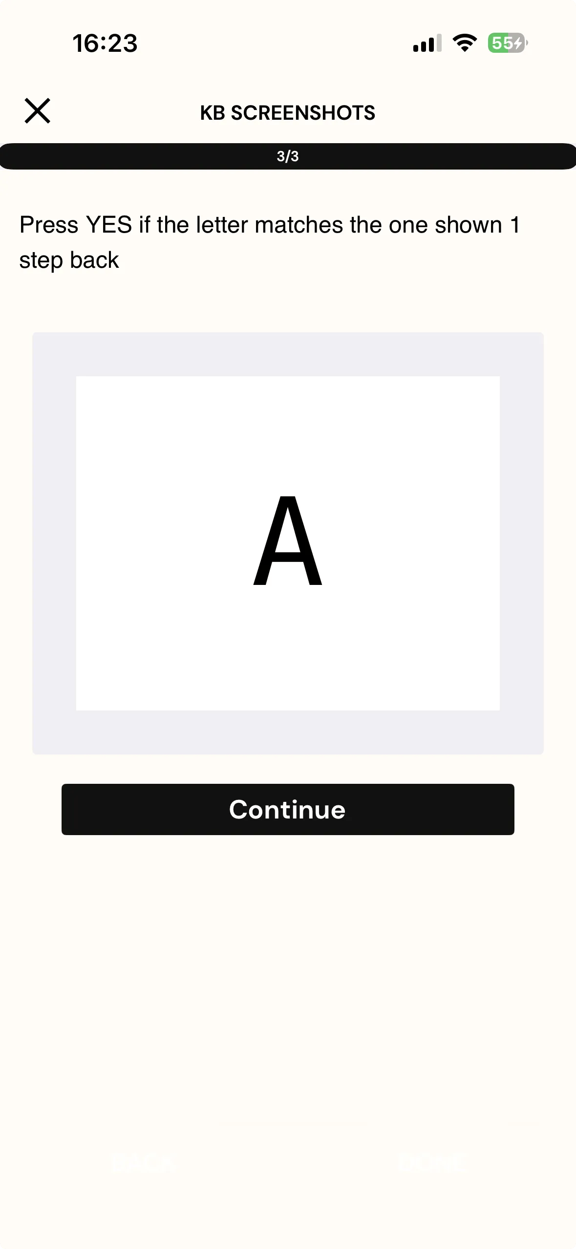 The N-Back task on the ExpiWell mobile app showing the letter A on a white card above a Continue button, with the question instruction displayed above