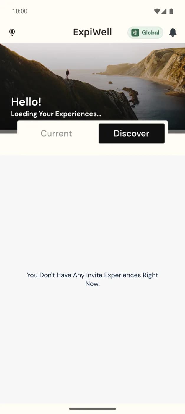 The Discover tab of the ExpiWell app showing the empty state for invited experiences