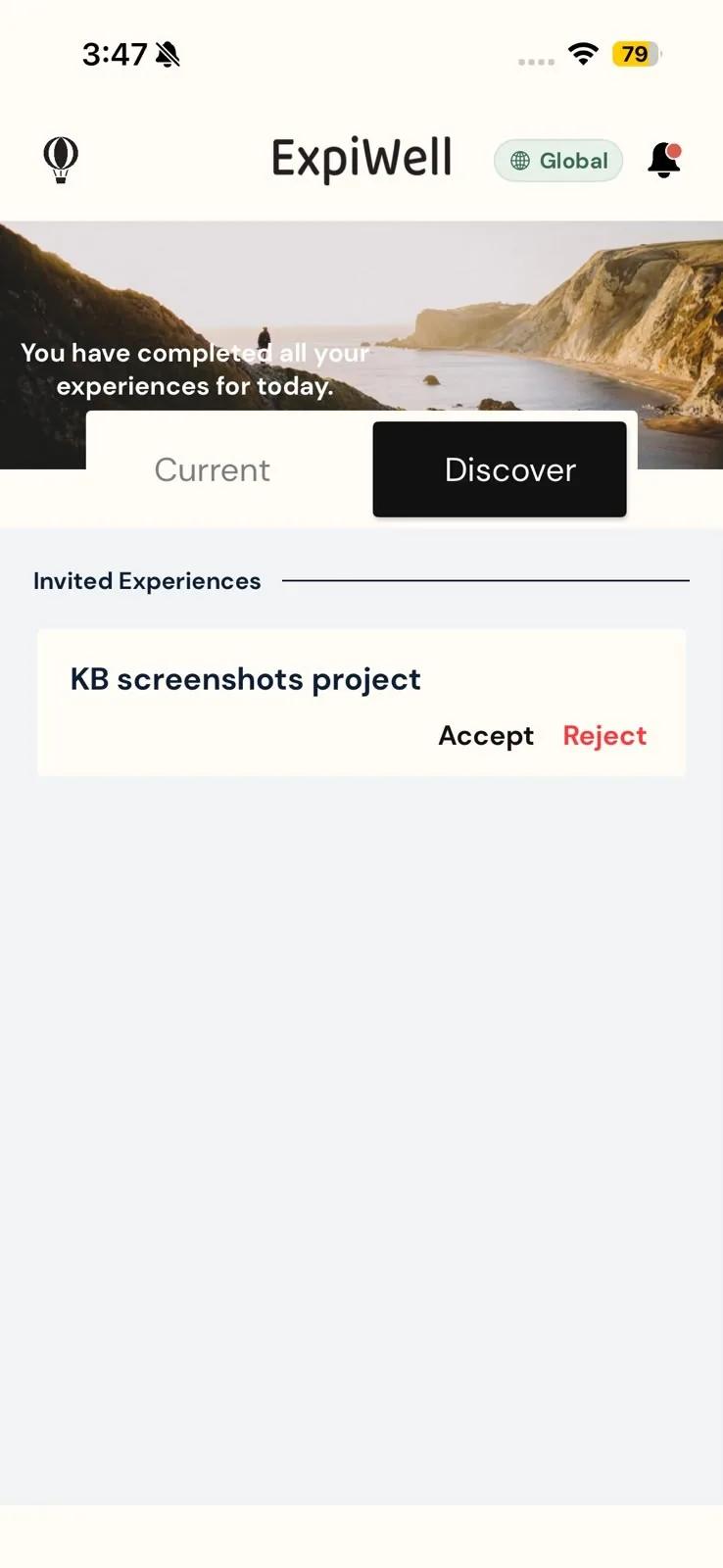 The Discover tab on iPhone with one invitation, KB screenshots project, under Invited Experiences, with Accept and Reject buttons